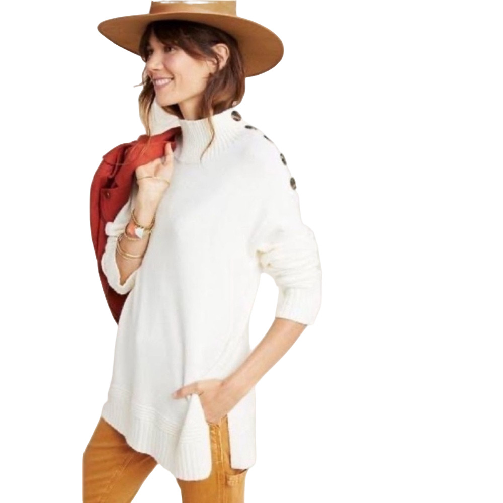 🌙Anthropologie Cream Margarita Button-Shoulder Turtleneck tunic Sweater size M..